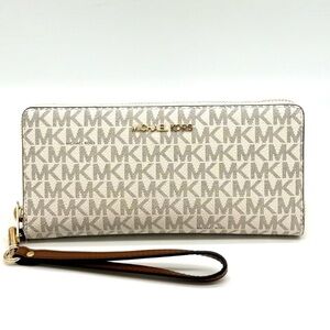 Michael Kors Large Travel Continental Wallet Wristlet Vanilla/Brown